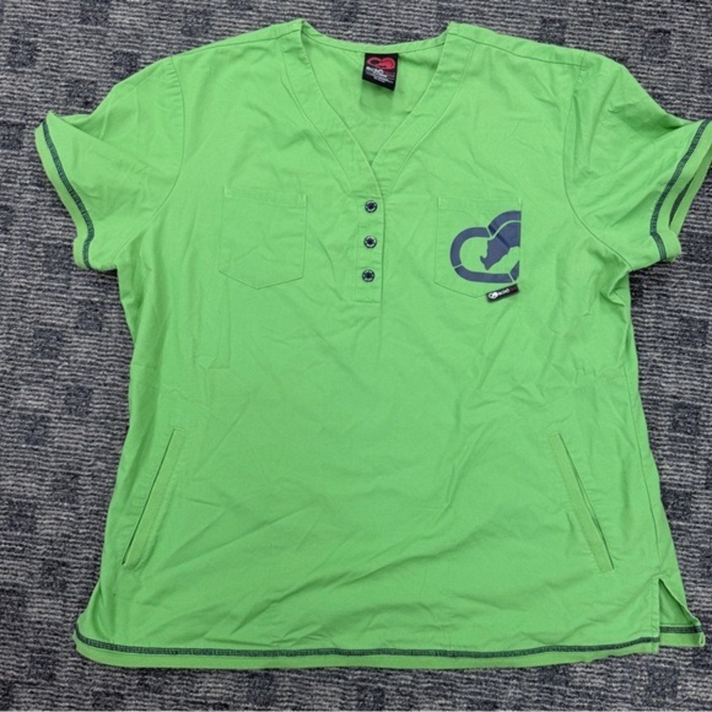 Ecko Red Womens Lime Green Logo Scrub Top XL V-Neck Henley Short Sleeve RN121336
